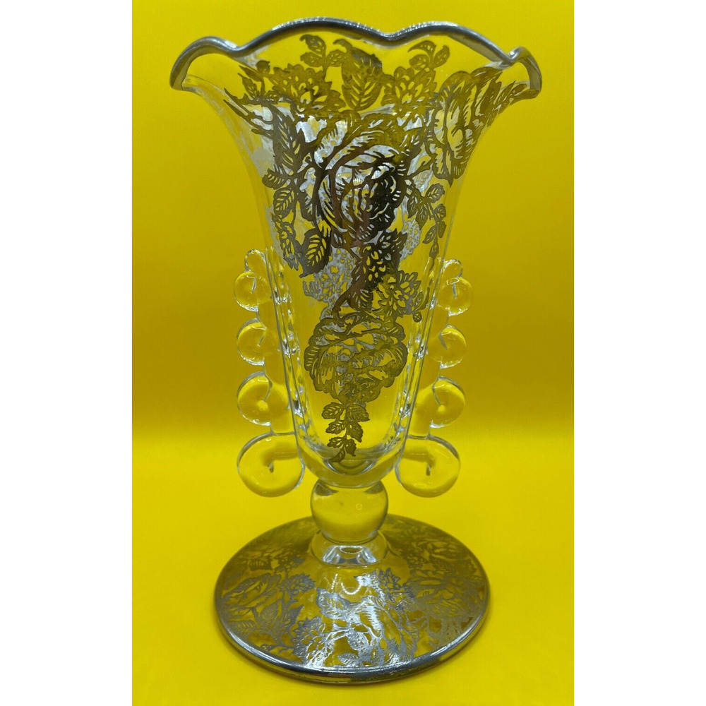 Vintage 1940s Heisey Glass Lariat Crimped Top Vase With Silver Overlay Roses